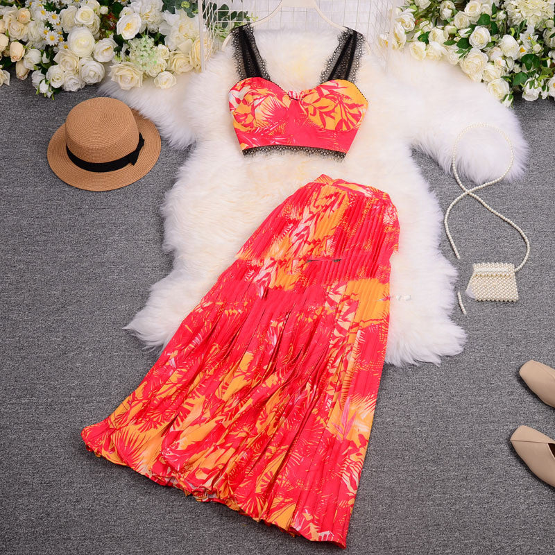 Vacation Style Suit Sexy Lace Camisole Pleated Skirt