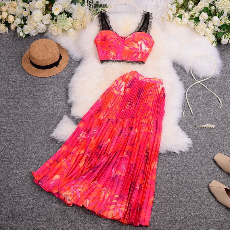 Vacation Style Suit Sexy Lace Camisole Pleated Skirt