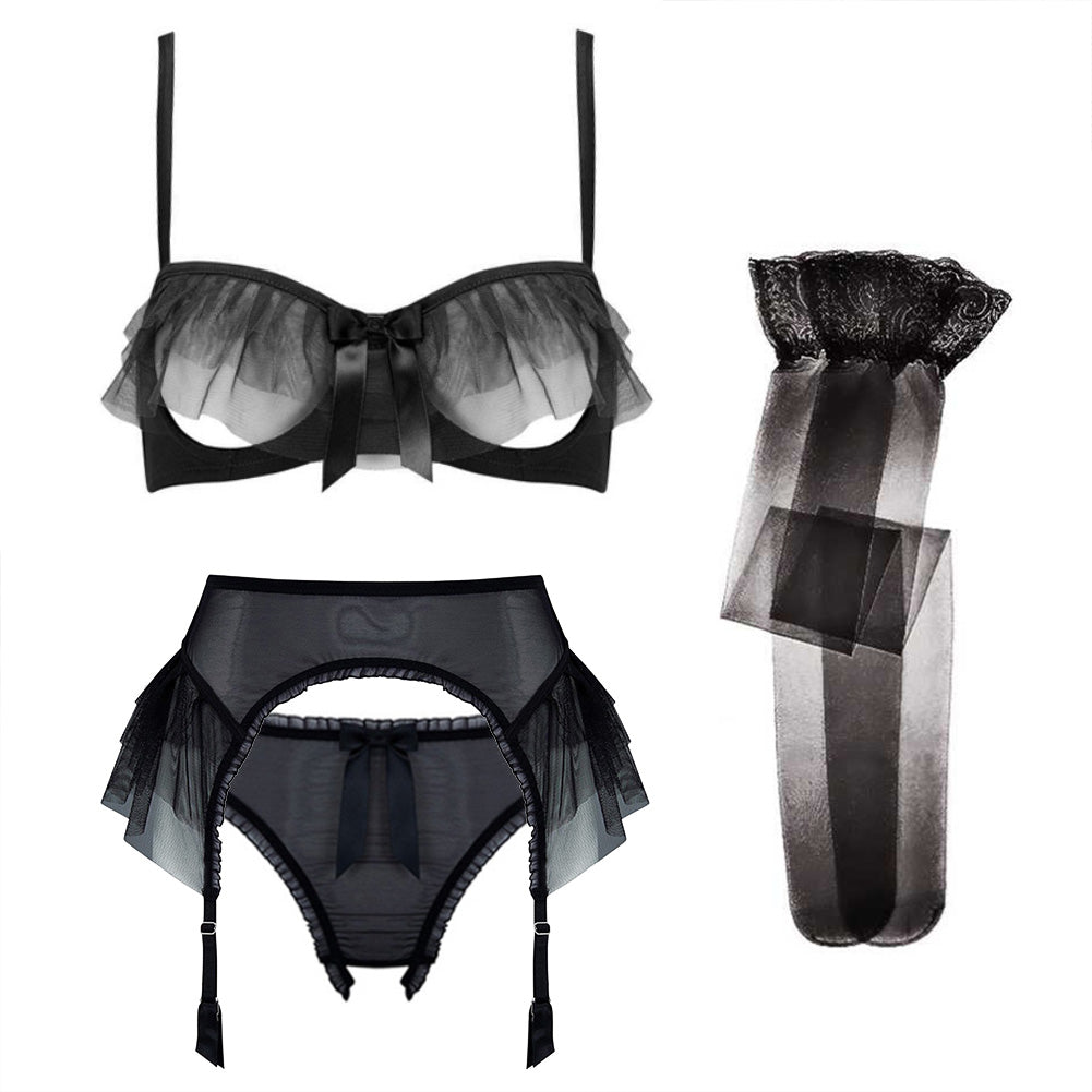 Sexy Top Gather Transparent Bra Lace Hollow Half Cup Bra