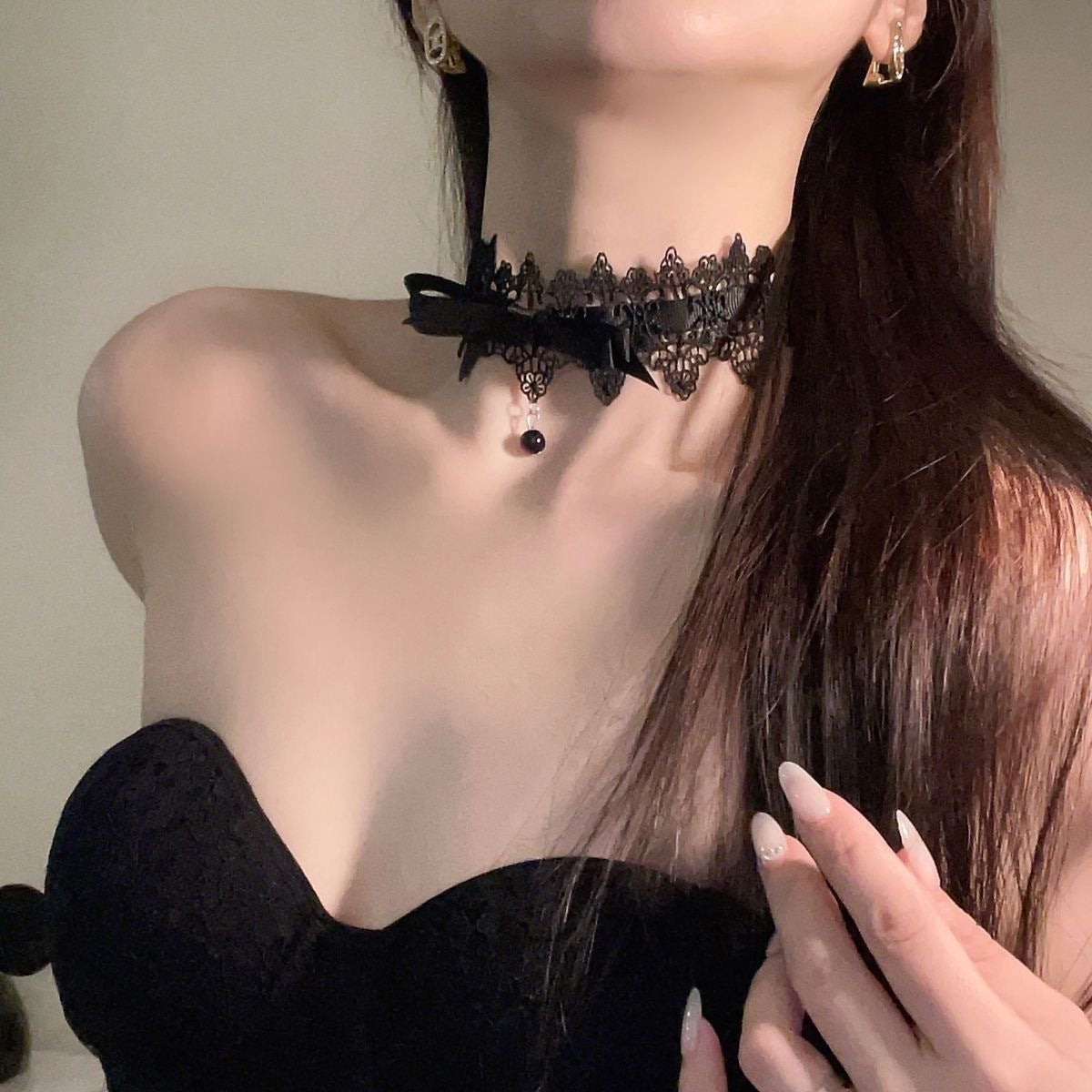Lolita Gothic Style Dark Girl Bow Lace Choker Clavicle Chain Necklace