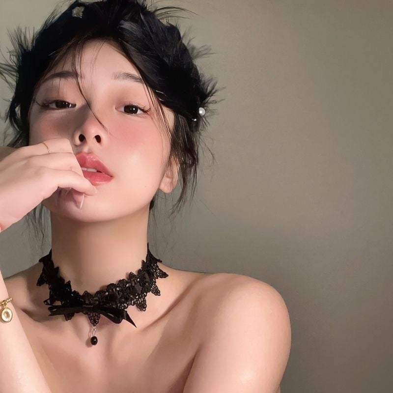 Lolita Gothic Style Dark Girl Bow Lace Choker Clavicle Chain Necklace